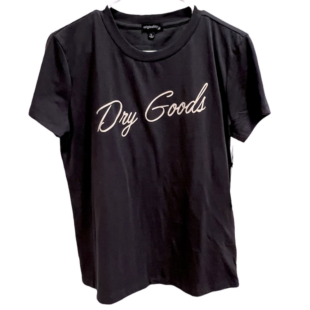 Womens Originality dark gray “Dry Goods” boutique store teeshirt